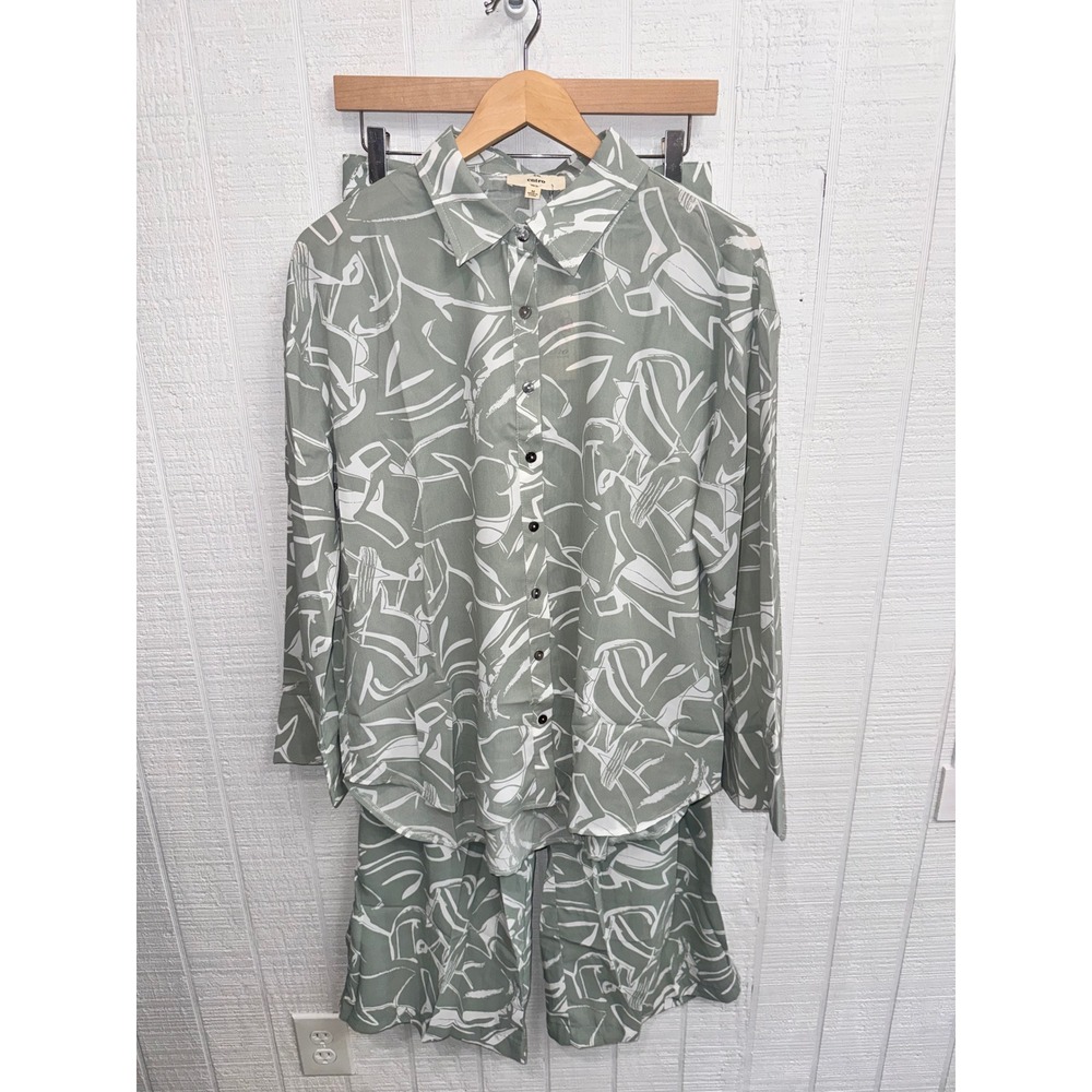 Entro Pant Set Women Medium Sage Green Abstract Print Button Down Wide Leg M
